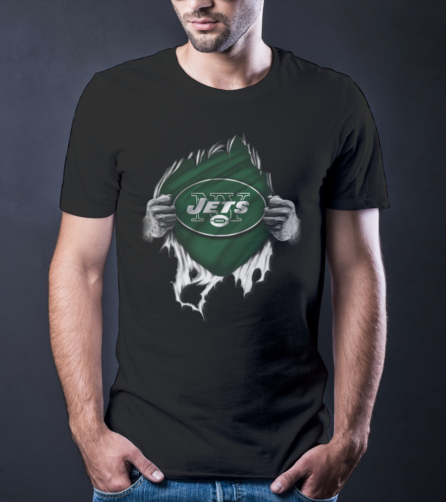 Torn V1 New York Jets Logo With Green Background And Ripping Hands T-Shirt
