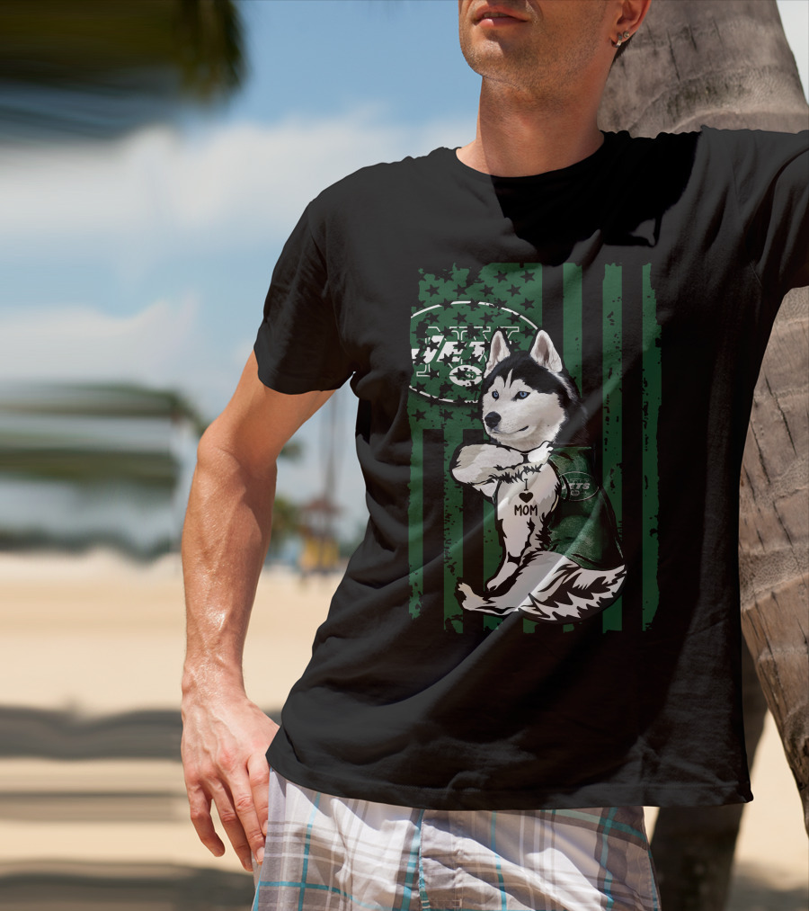 Siberian Husky I Love Mom New York Jets Fan Flag T-Shirt