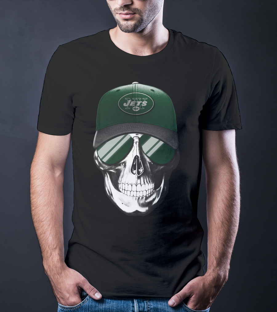 Skull V7 New York Jets Hat And Sunglasses T-Shirt
