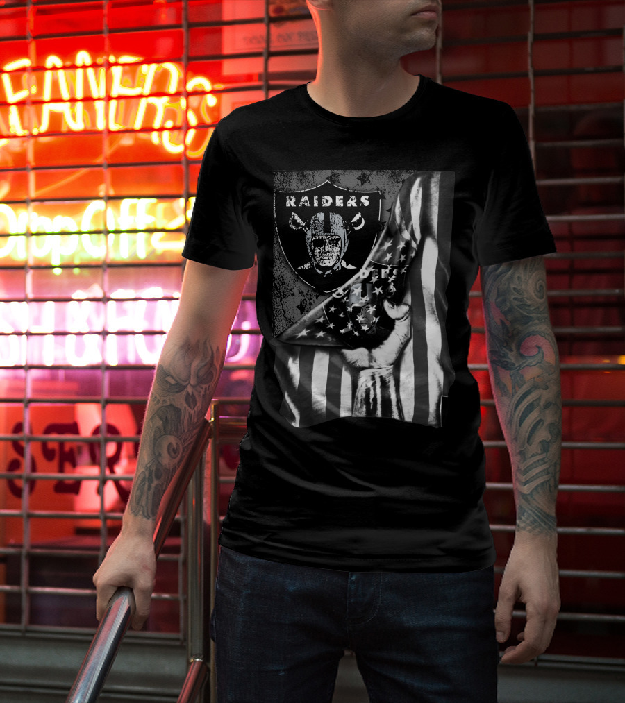 Raiders Shield With American Flag And Hand Holding Stars Grayscale T-Shirt