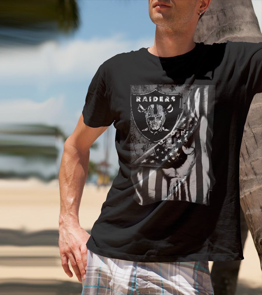 Raiders Shield With American Flag And Hand Holding Stars Grayscale T-Shirt