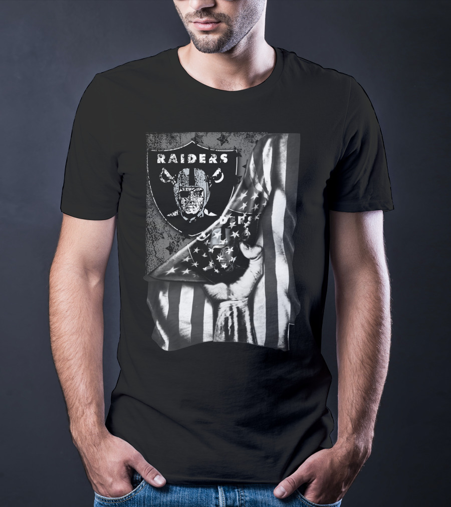 Raiders Shield With American Flag And Hand Holding Stars Grayscale T-Shirt