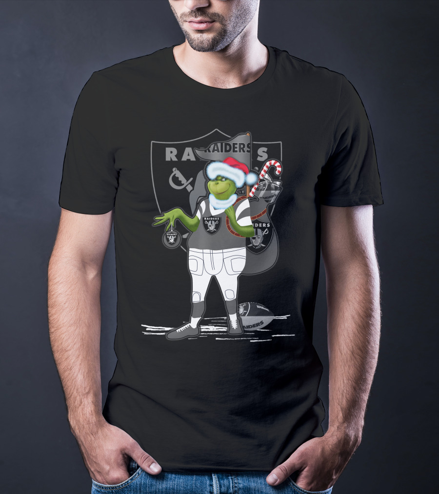 Grinchxmas Raiders Santa Hat Candy Cane Football T-Shirt