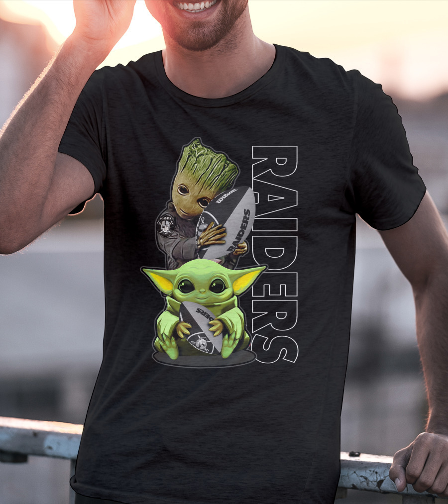 Grzd Oakland Raiders Groot Baby Yoda Football T-Shirt