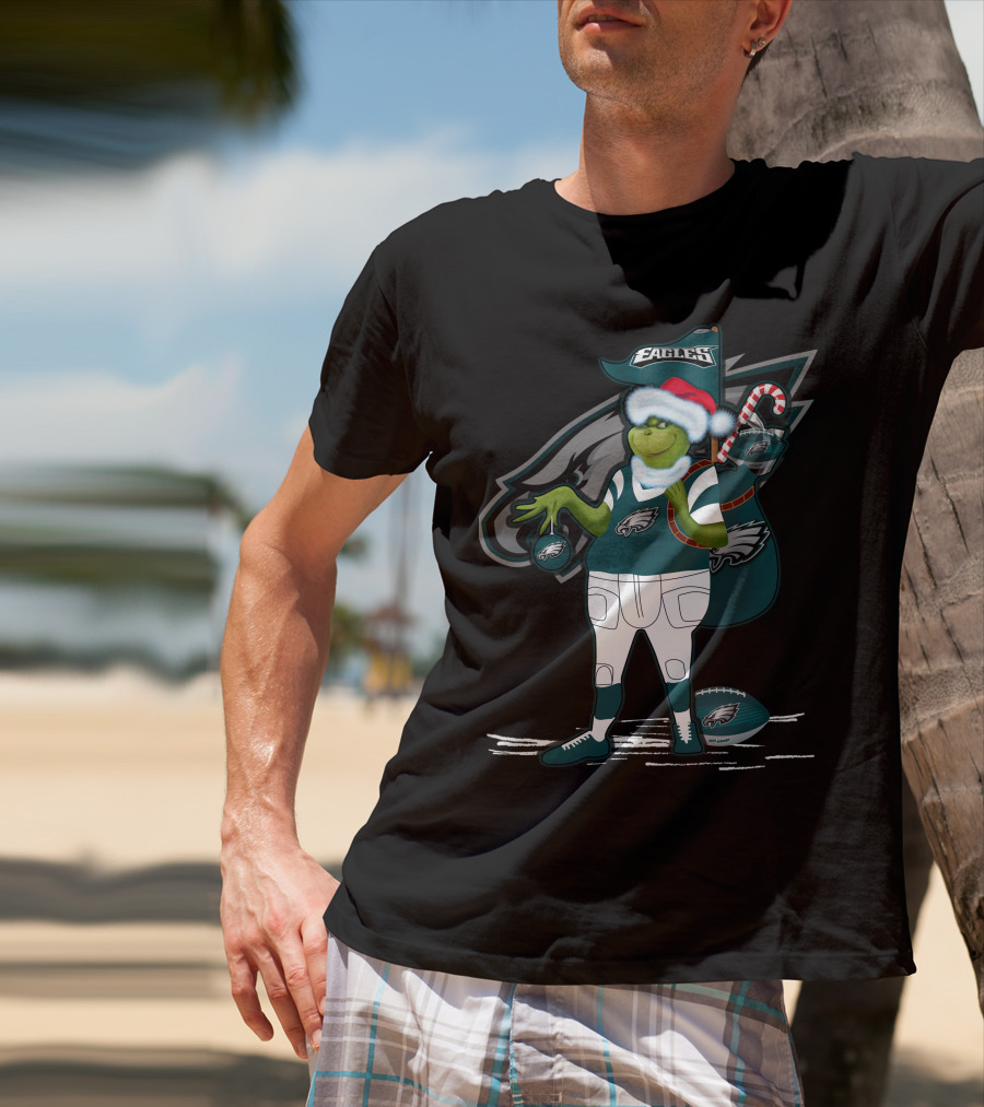 Grinchxmas Philadelphia Eagles Santa Hat Football T-Shirt