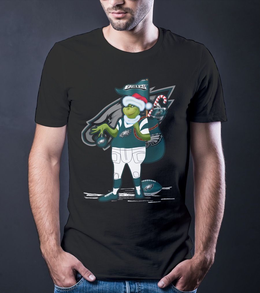 Grinchxmas Philadelphia Eagles Santa Hat Football T-Shirt