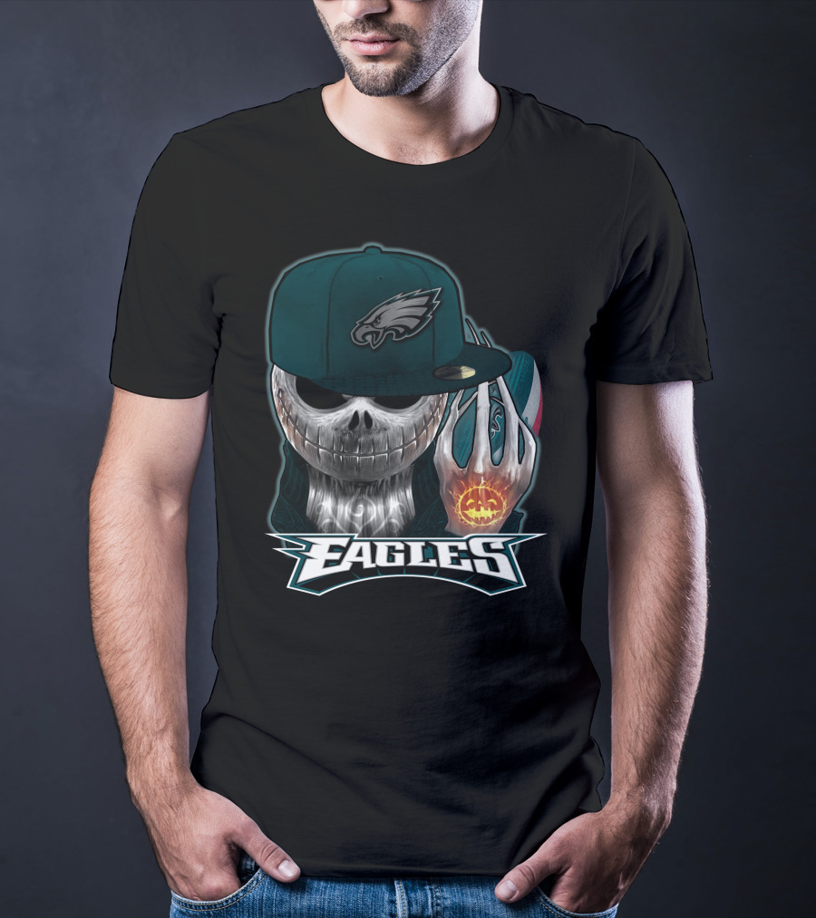 Jackskull Philadelphia Eagles Football Fan Skull Cap Halloween Pumpkin T-Shirt