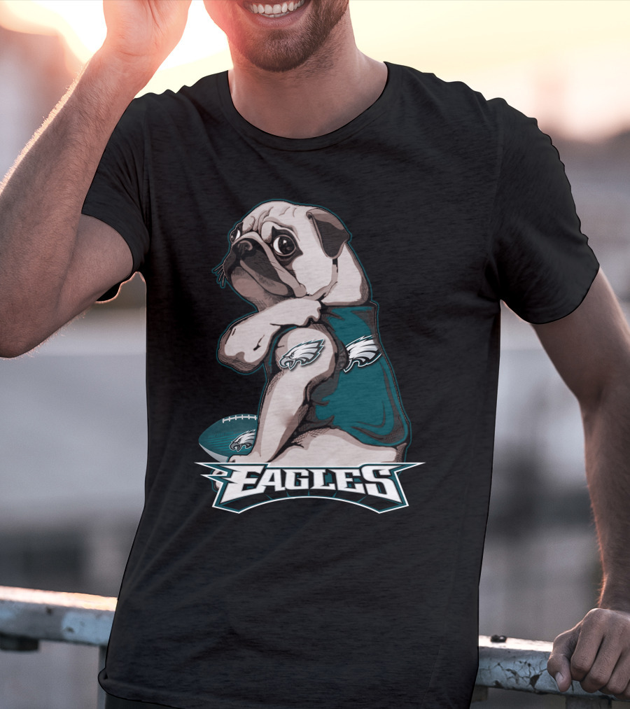 Pug Wearing Eagles Jersey With Football And Eagles Text T-Shirt