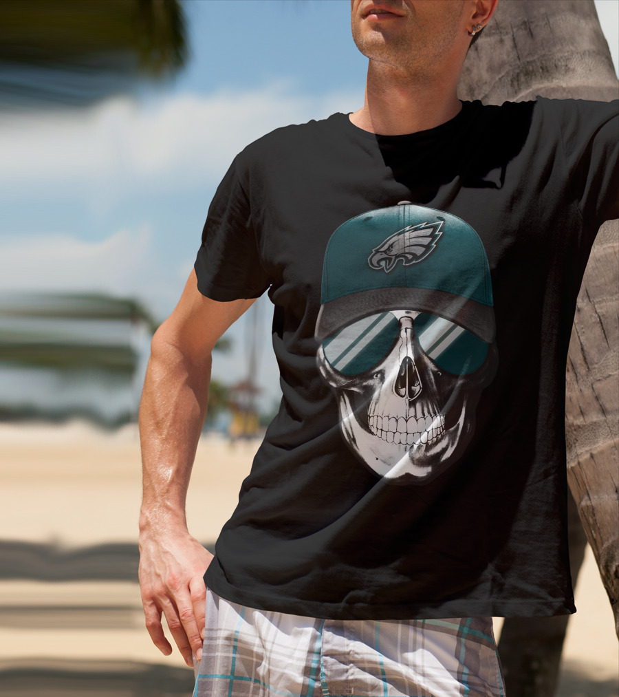 Skull Wearing Philadelphia Eagles Logo Hat And Sunglasses T-Shirt