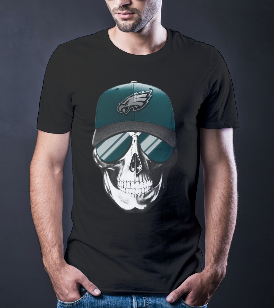 Skull Wearing Philadelphia Eagles Logo Hat And Sunglasses T-Shirt