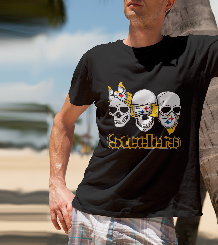 Steelers Skull Trio With Team Logo Bandanas T-Shirt