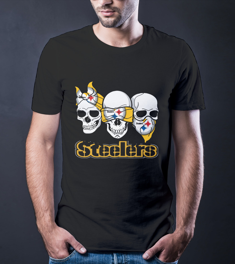 Steelers Skull Trio With Team Logo Bandanas T-Shirt