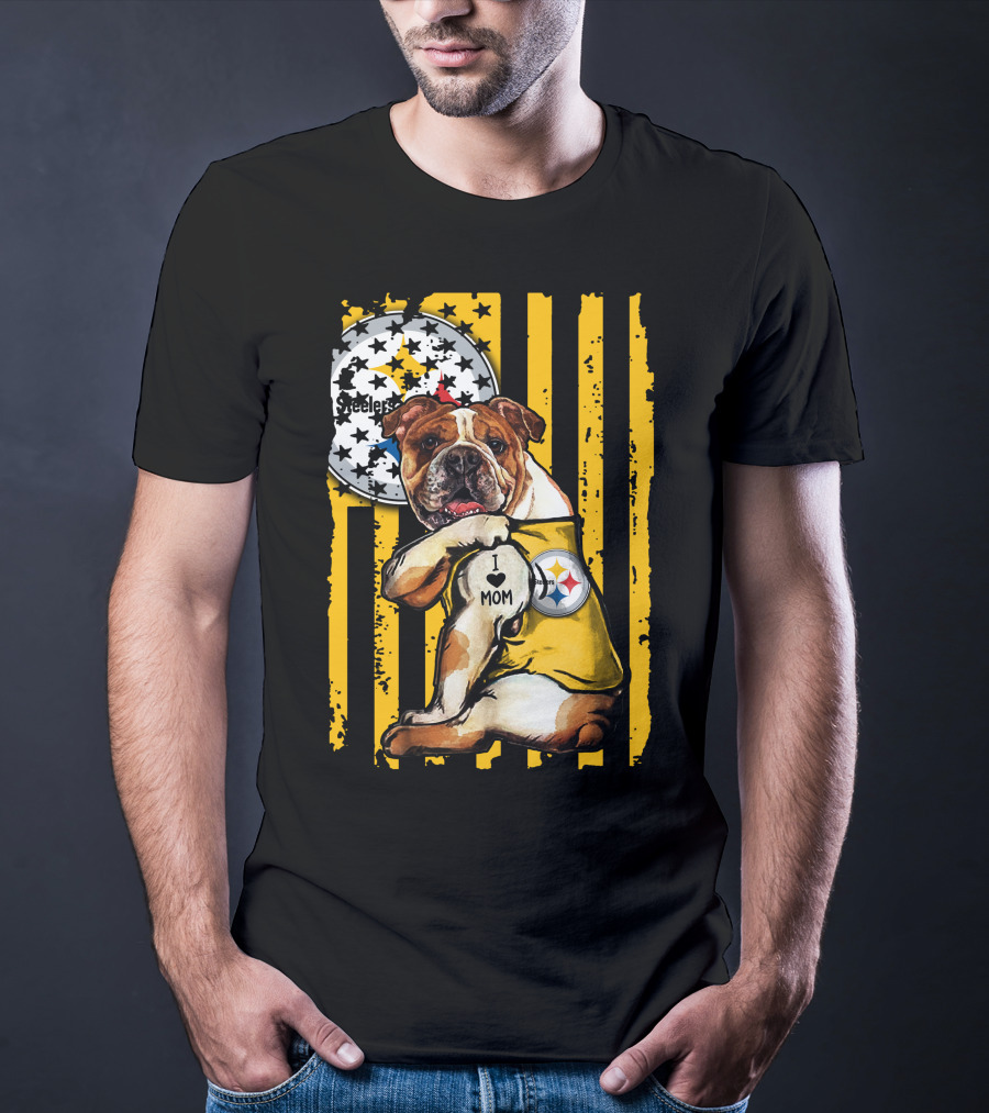 Pittsburgh Steelers Bulldog I Love Mom Stripes T-Shirt