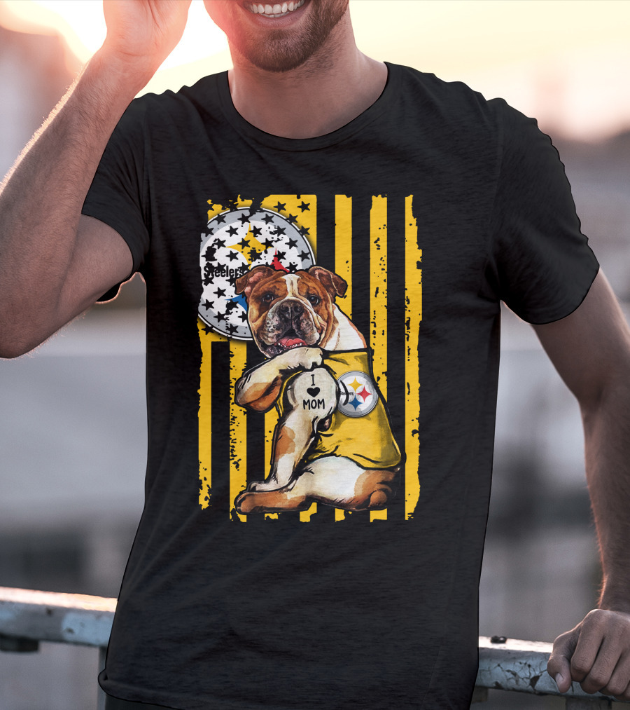Pittsburgh Steelers Bulldog I Love Mom Stripes T-Shirt