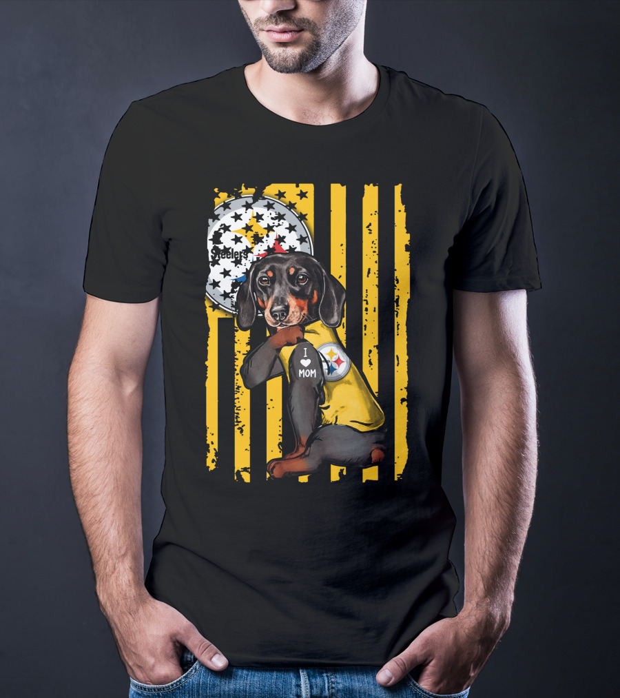 Dachshund Steelers I Love Mom Black And Yellow Football Fan T-Shirt
