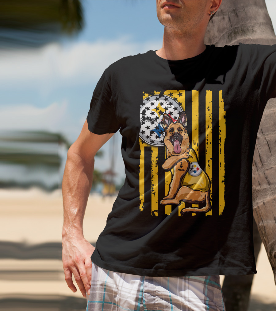 German Shepherd Steelers Fan With I Love Mom Tattoo And Team T-Shirt