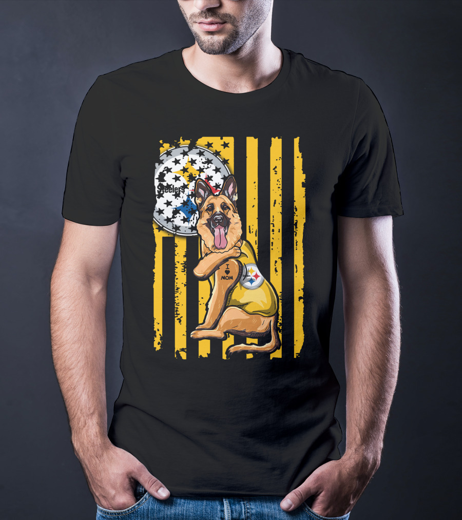 German Shepherd Steelers Fan With I Love Mom Tattoo And Team T-Shirt