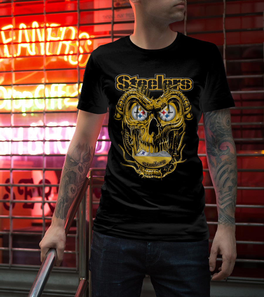 Steelers Dragonskull Yellow Mechanical Skull With Pittsburgh Steelers Logo Eyes T-Shirt