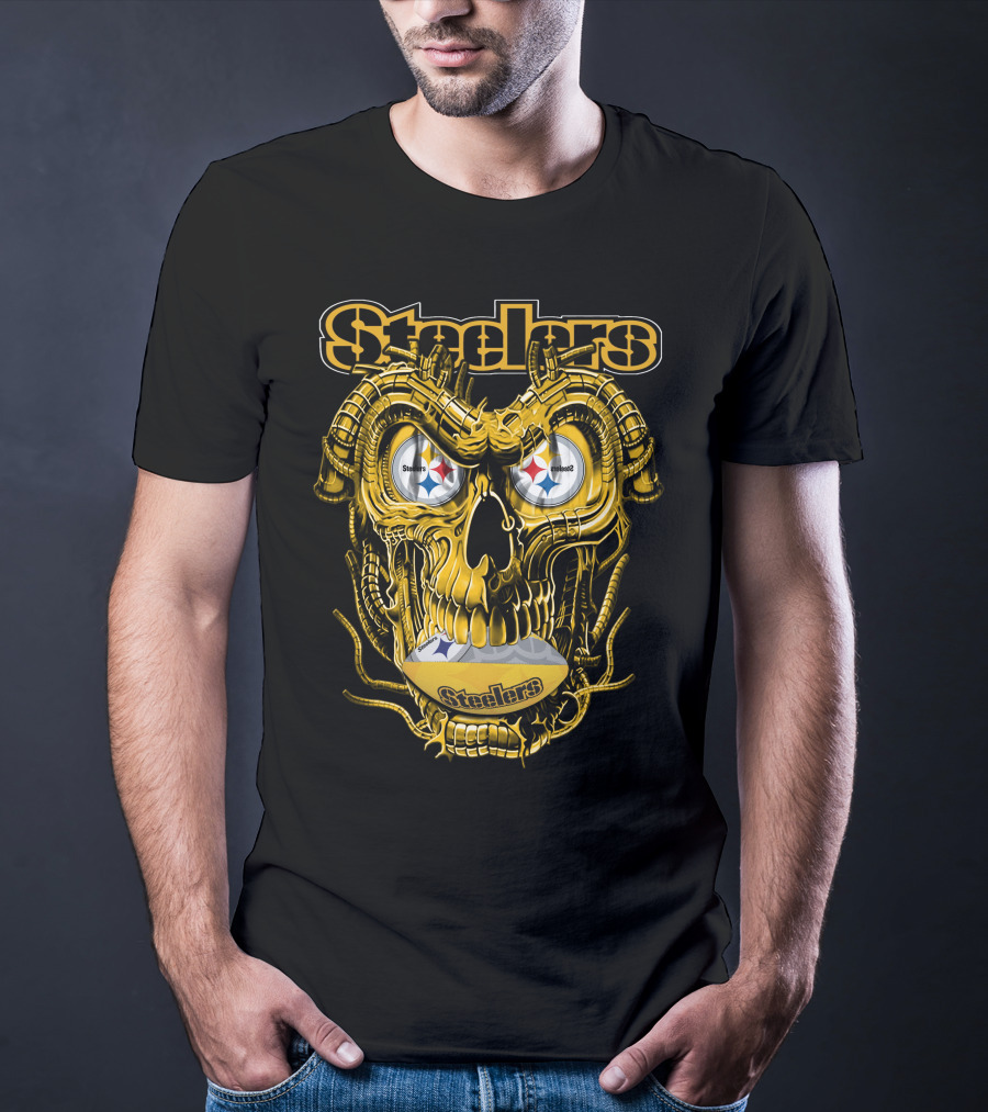 Steelers Dragonskull Yellow Mechanical Skull With Pittsburgh Steelers Logo Eyes T-Shirt