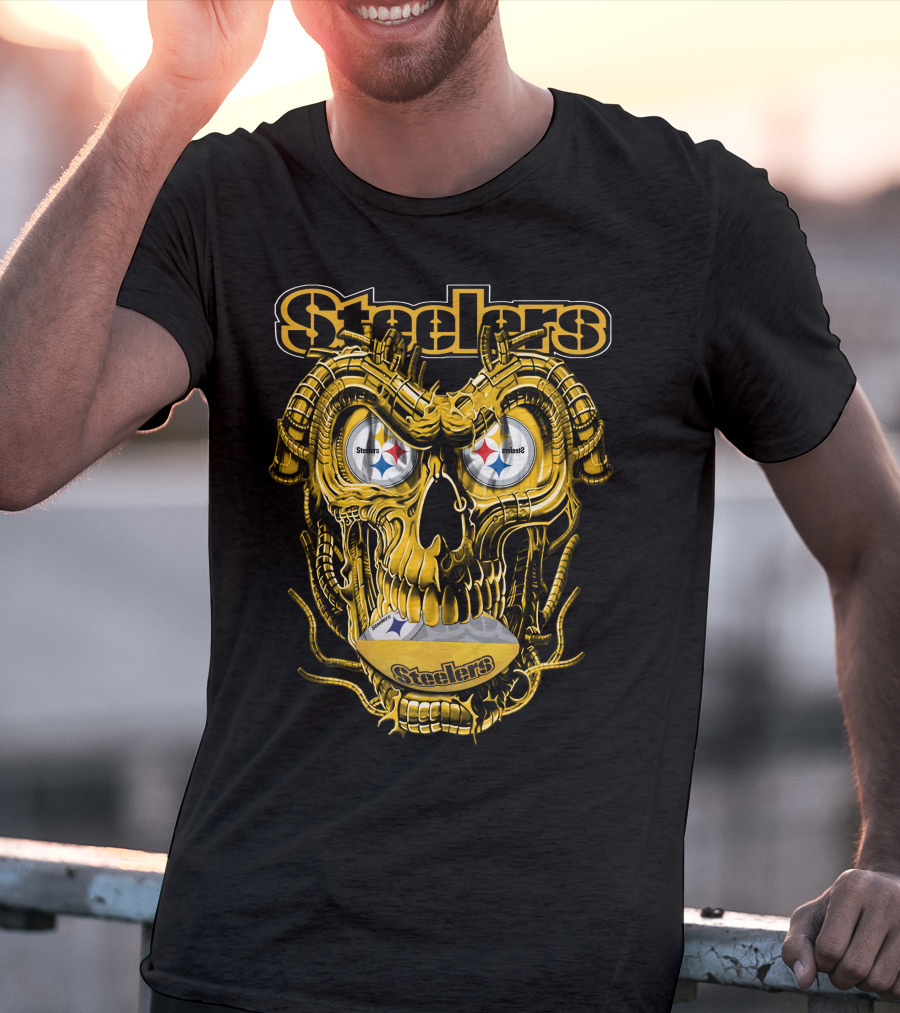 Steelers Dragonskull Yellow Mechanical Skull With Pittsburgh Steelers Logo Eyes T-Shirt