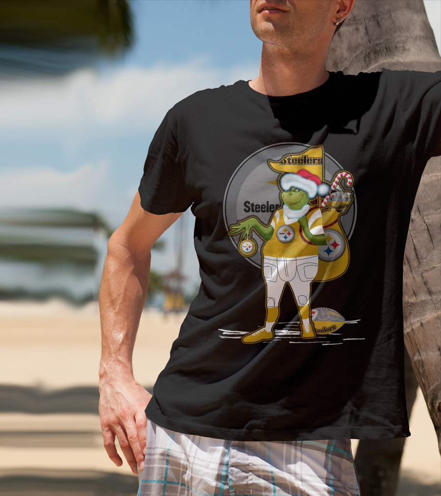 Grinchxmas Pittsburgh Steelers Santa Hat Candy Cane Football Holiday T-Shirt