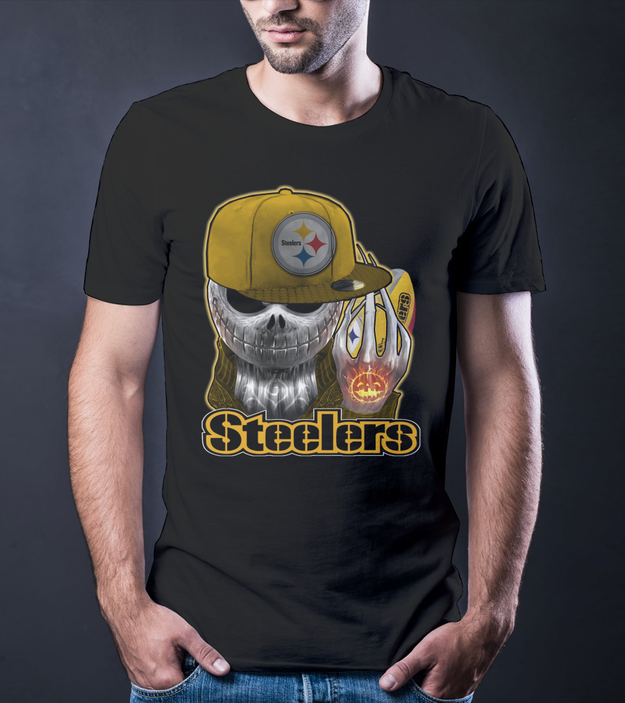Steelers Skull With Yellow Cap And Pumpkin Hand T-Shirt