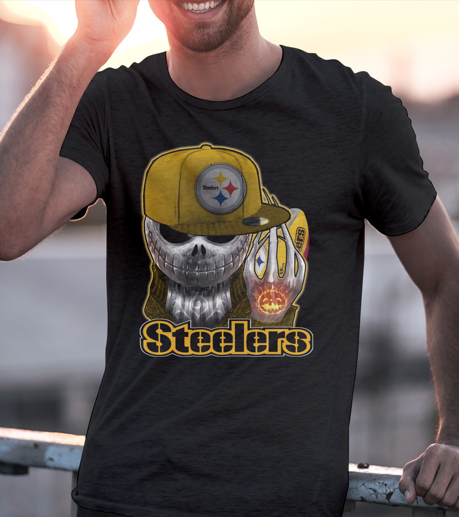 Steelers Skull With Yellow Cap And Pumpkin Hand T-Shirt