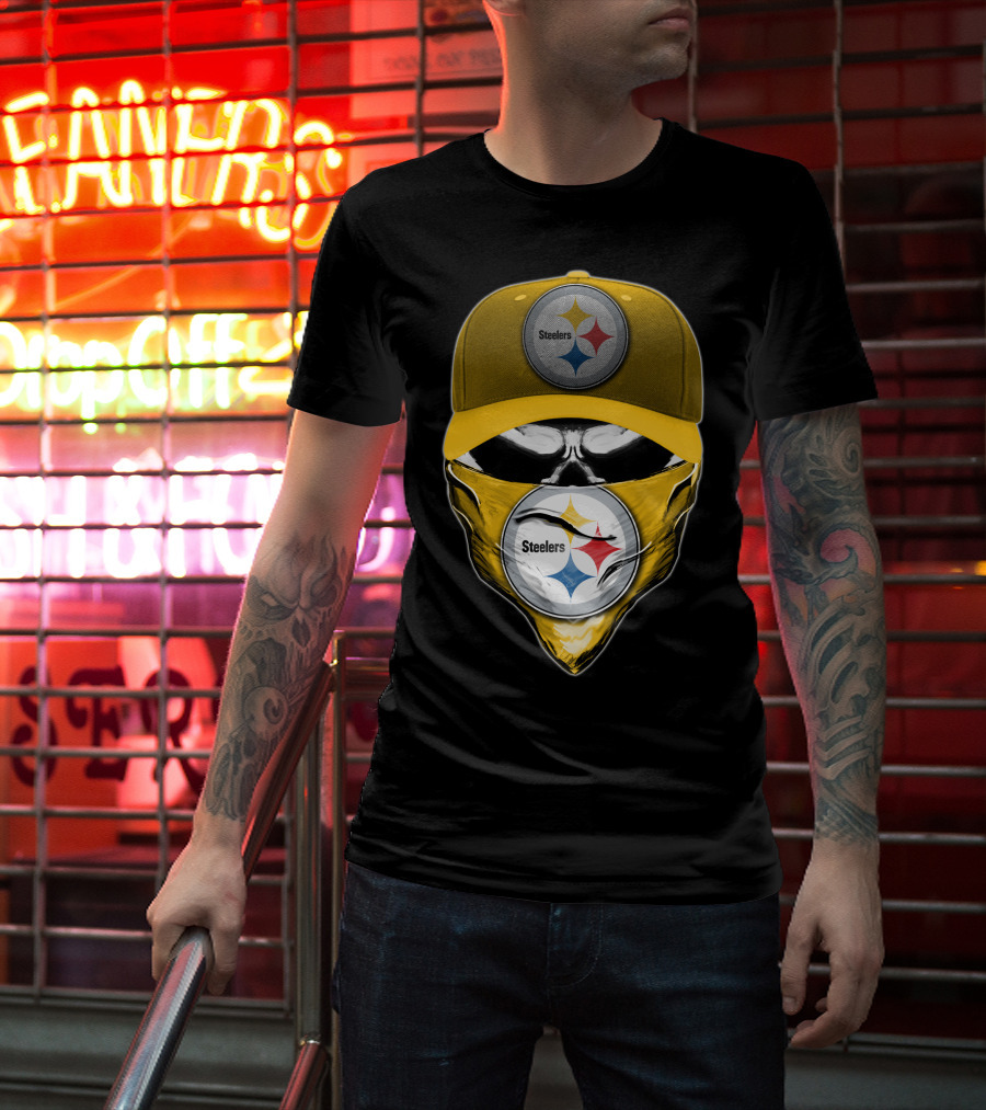 Skull V6 Pittsburgh Steelers Logo With Hat And Bandana T-Shirt