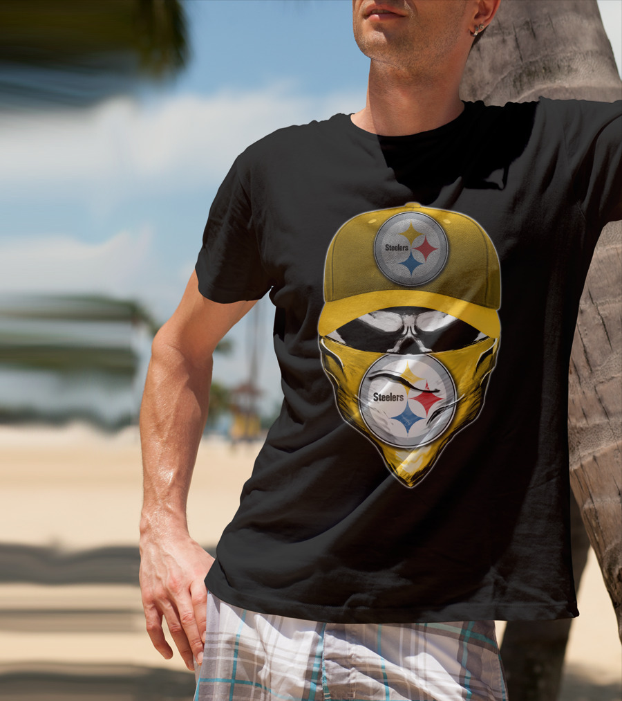 Skull V6 Pittsburgh Steelers Logo With Hat And Bandana T-Shirt