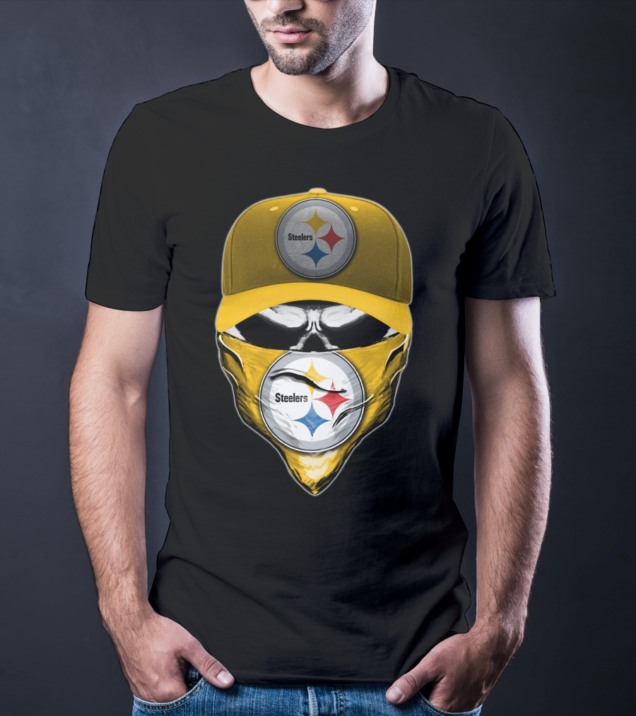 Skull V6 Pittsburgh Steelers Logo With Hat And Bandana T-Shirt