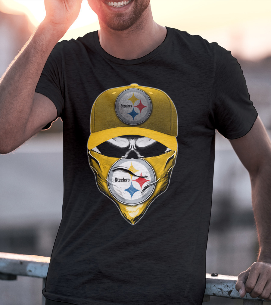 Skull V6 Pittsburgh Steelers Logo With Hat And Bandana T-Shirt