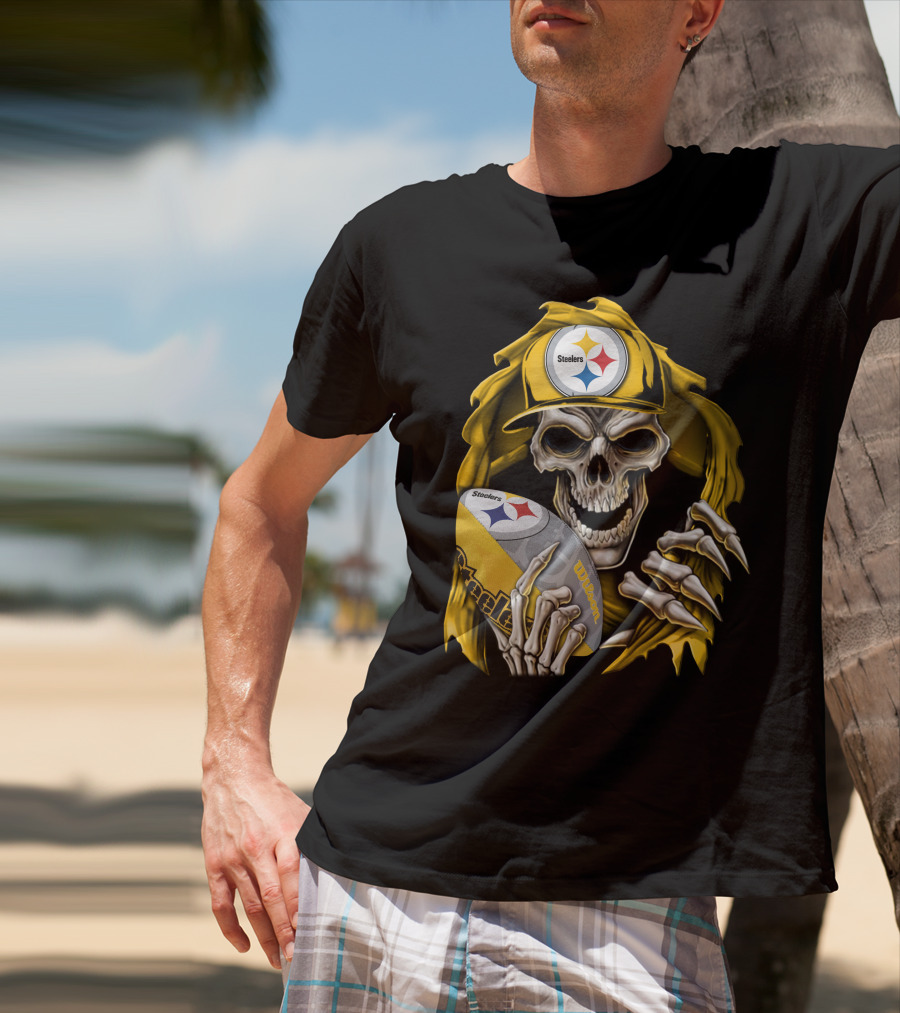 Skullbong Steelers Skeleton With Football And Cap T-Shirt