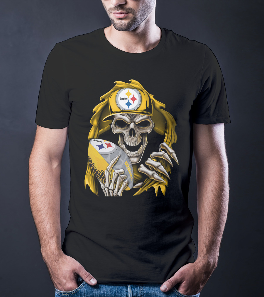 Skullbong Steelers Skeleton With Football And Cap T-Shirt