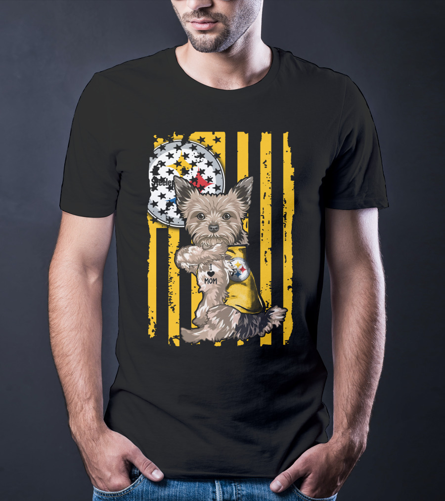 Yorkshire Terrier I Love Mom Pittsburgh Steelers Fan Stripes T-Shirt
