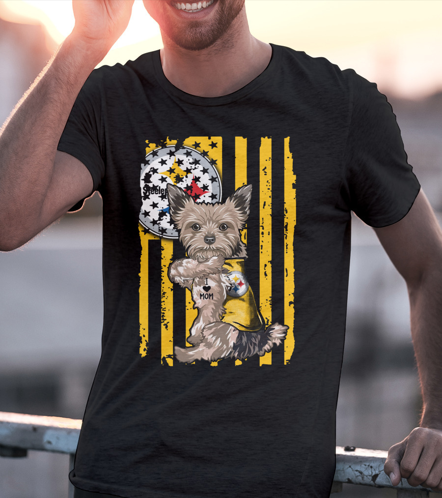 Yorkshire Terrier I Love Mom Pittsburgh Steelers Fan Stripes T-Shirt
