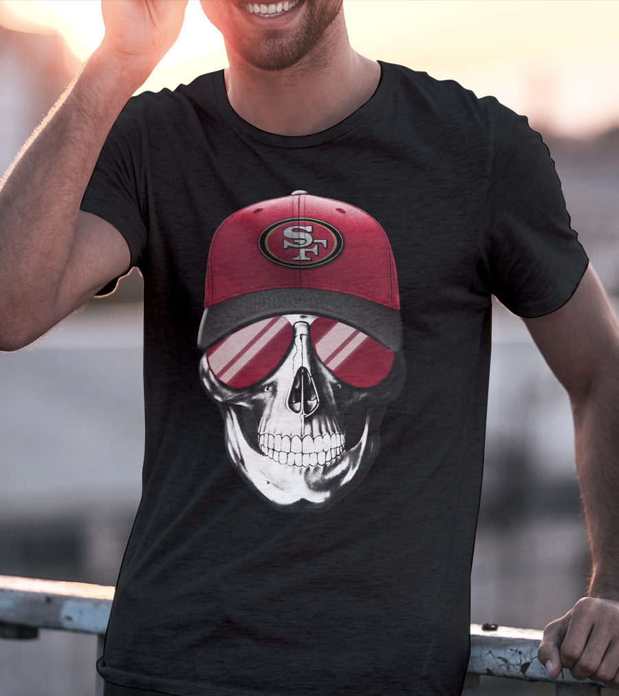 Skull V7 San Francisco 49ers SF Logo Hat And Sunglasses T-Shirt