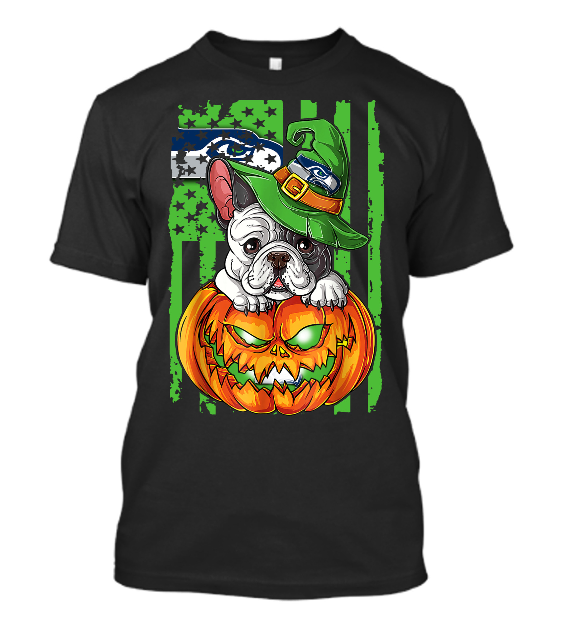 Hlw Bulldog Seattle Seahawks Halloween Pumpkin Wizard Hat T-Shirt