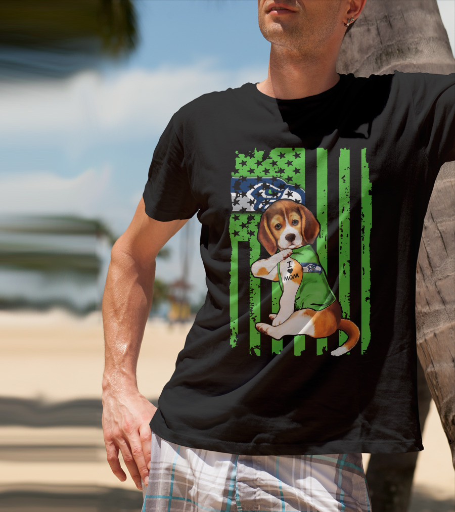 Seattle Seahawks Beagle With I Love Mom Tattoo T-Shirt