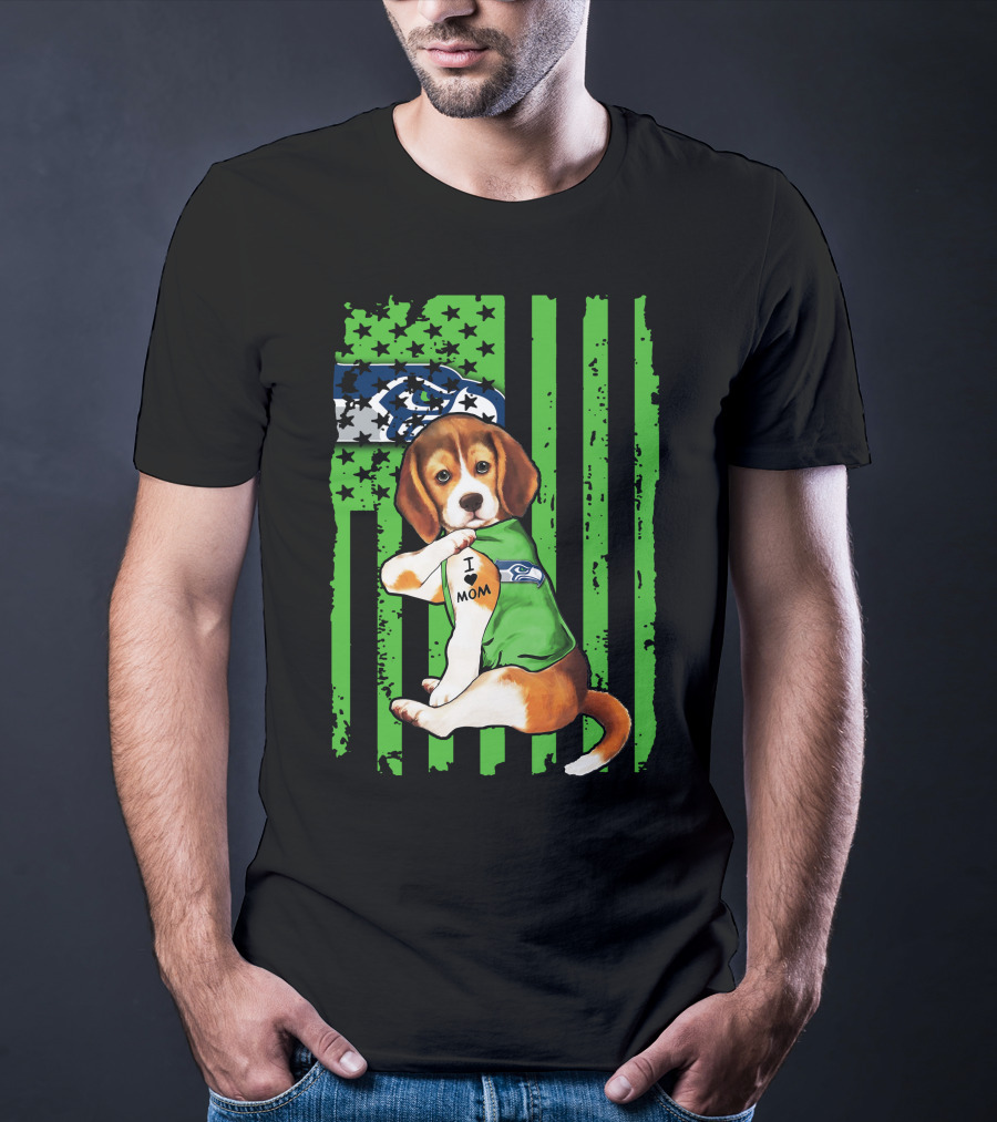 Seattle Seahawks Beagle With I Love Mom Tattoo T-Shirt
