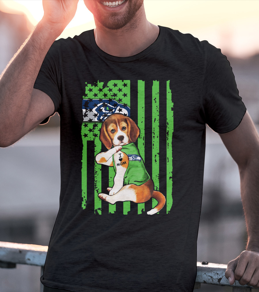 Seattle Seahawks Beagle With I Love Mom Tattoo T-Shirt