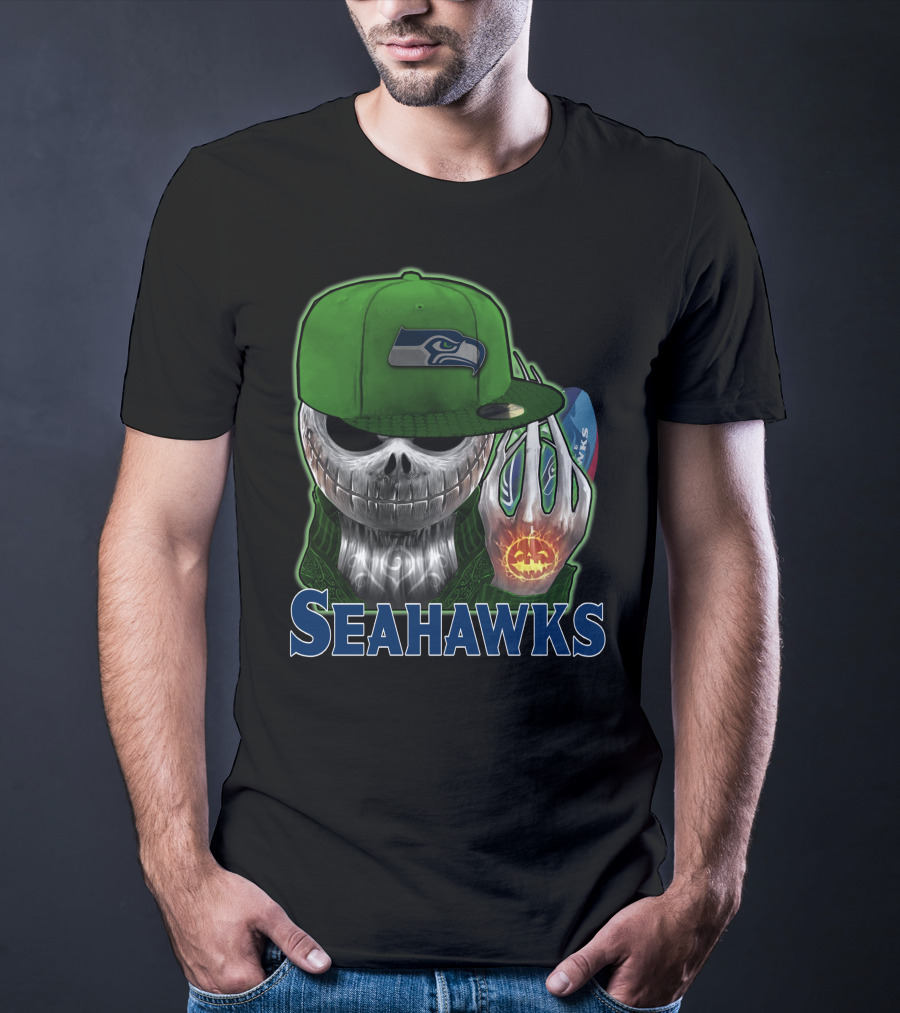 Jackskull In Green Cap Holding Pumpkin Seattle Seahawks T-Shirt