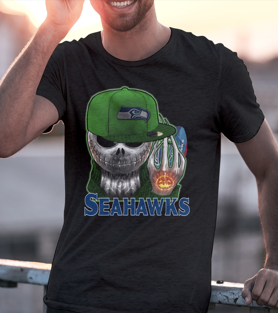 Jackskull In Green Cap Holding Pumpkin Seattle Seahawks T-Shirt