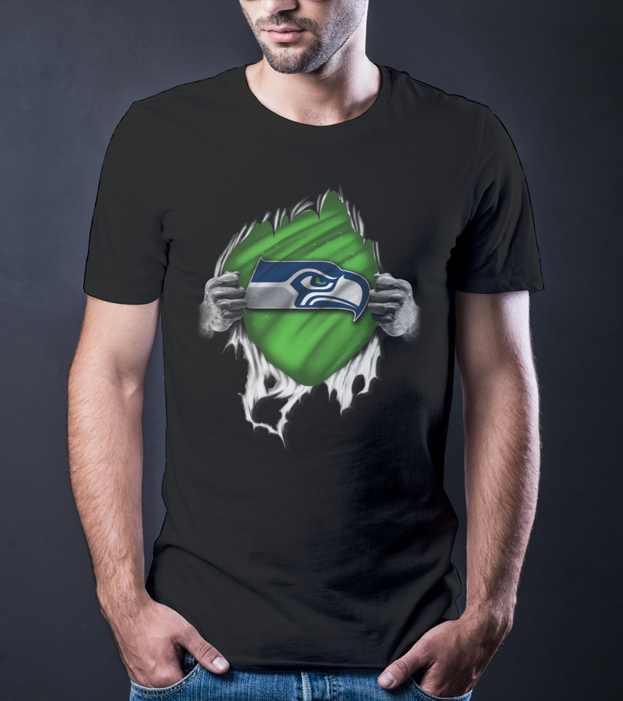 Torn Seattle Seahawks Logo With Green Background And Hands Peeling Fabric T-Shirt