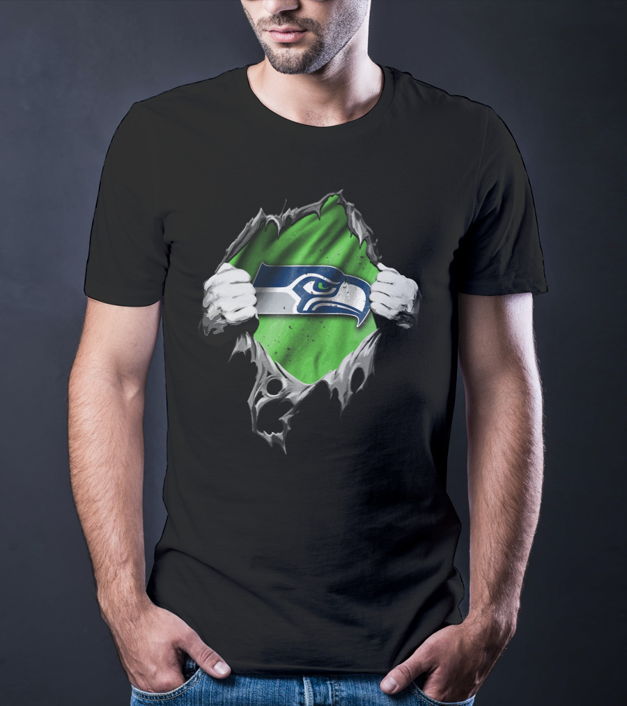 Seattle Seahawks Torn V2 Logo Peeking Through Ripped Fabric T-Shirt