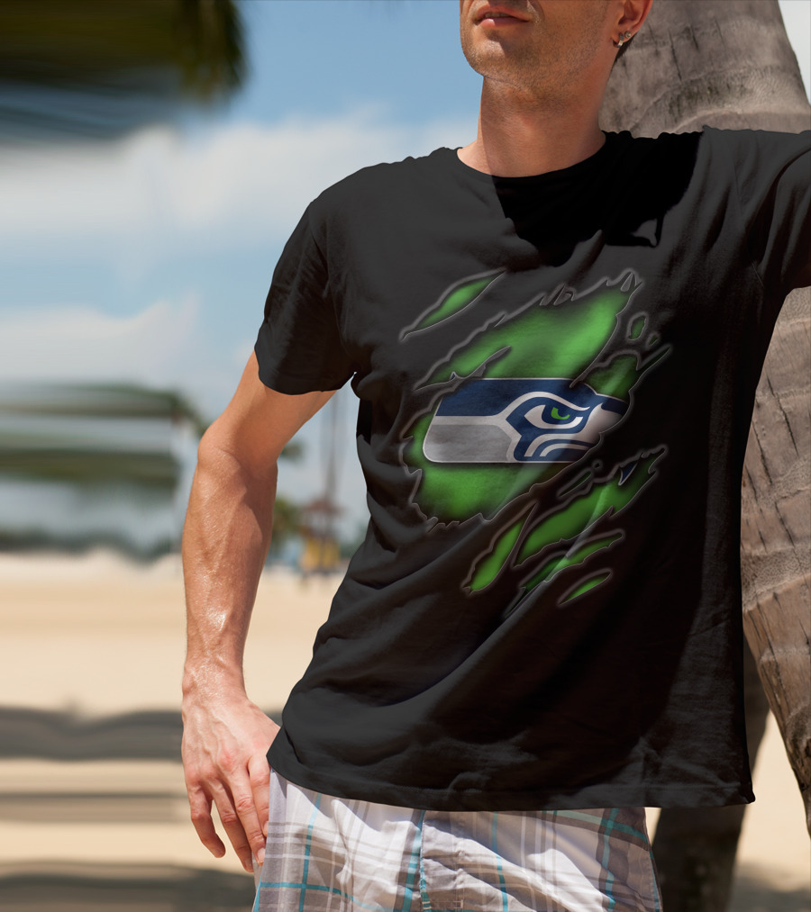 Torn V3 Seattle Seahawks Logo On Green T-Shirt