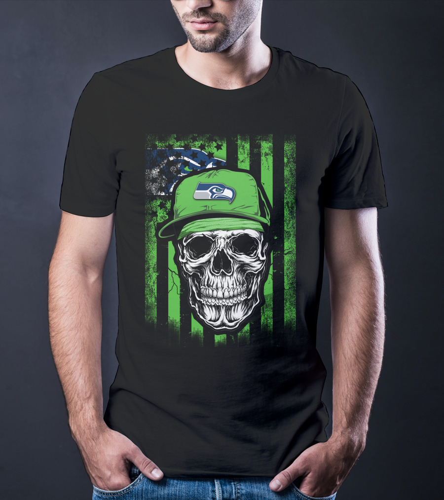Skull In Seattle Seahawks Cap With Green Stripes And Team T-Shirt