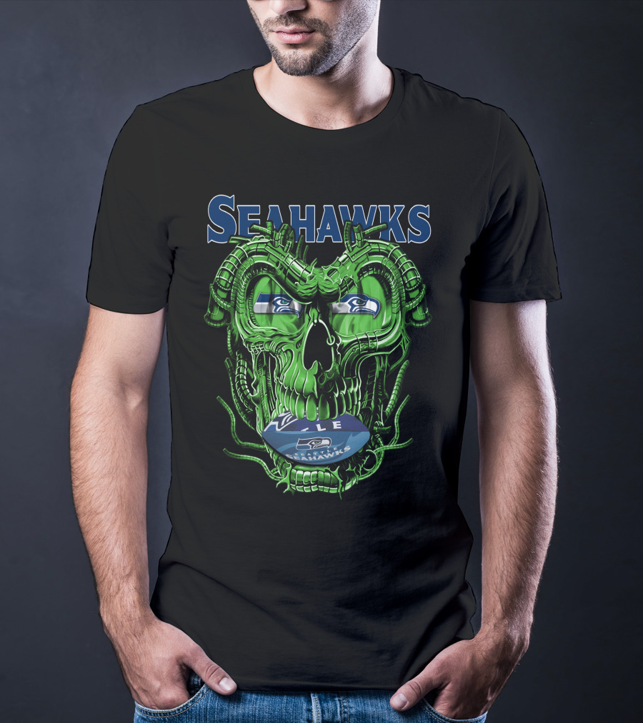 Dragonskull Seahawks Green Skull Design With Seattle Seahawks T-Shirt