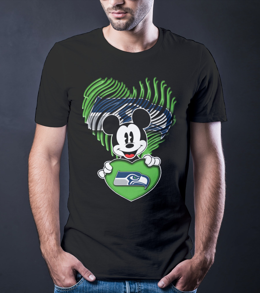 Mickey Mouse Heart Green With Seattle Seahawks T-Shirt