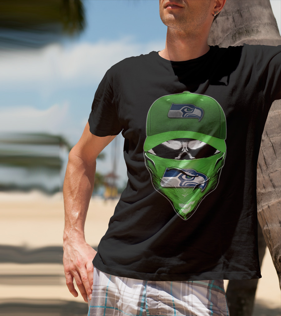 Skull V6 Seattle Seahawks Logo On Green Cap And Bandana T-Shirt