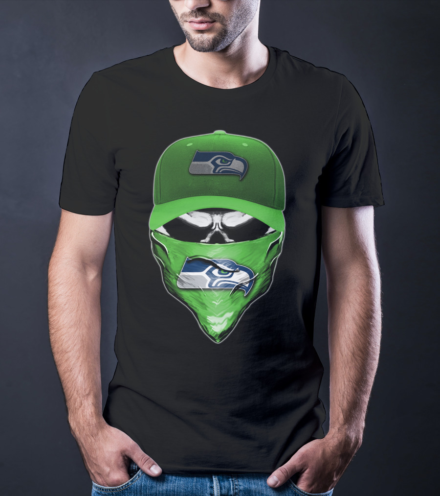 Skull V6 Seattle Seahawks Logo On Green Cap And Bandana T-Shirt